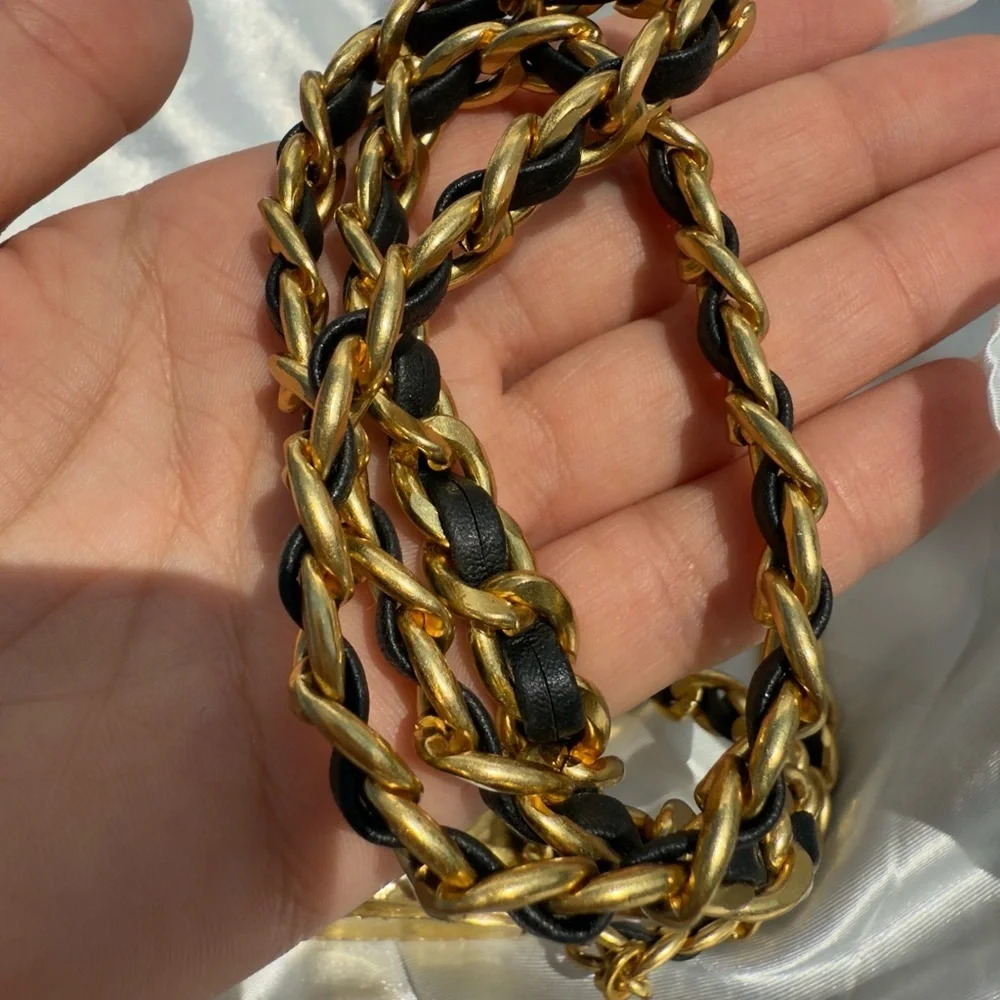 Anthropologie  Black Gold Chain Belt With Designer Mini Charm Bag
